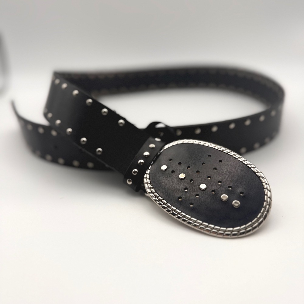 Steve Madden Mens Black Leather Studded Belt Silver Oval Buckle 37 Inch